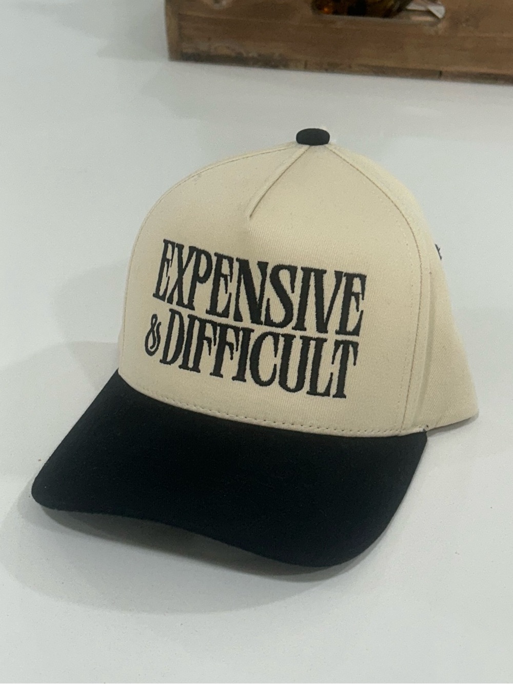 EXPENSIVE & DIFFICULT Trucker Hat - Black and Cream